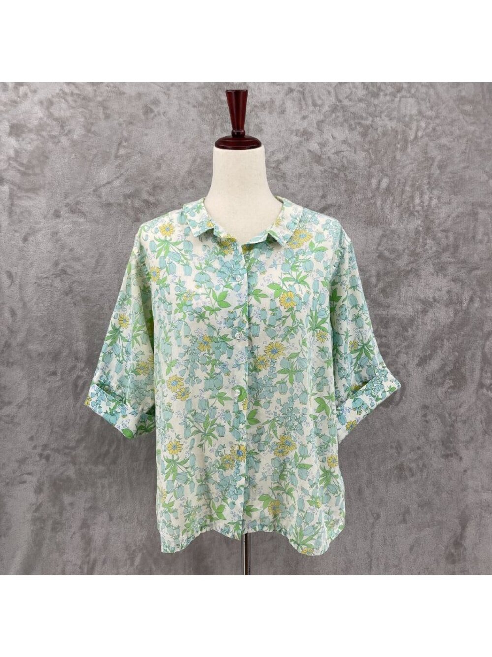 Sears Vintage 50s 60s Floral Print 3/4 Sleeve Button Front Shirt Top